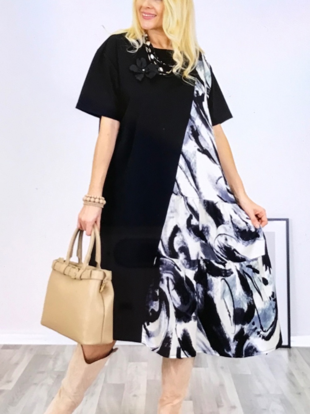 Asymmetrical Midi Dress Tiered Ruffle Hem Short Sleeve Black Cream Plus Size 1X